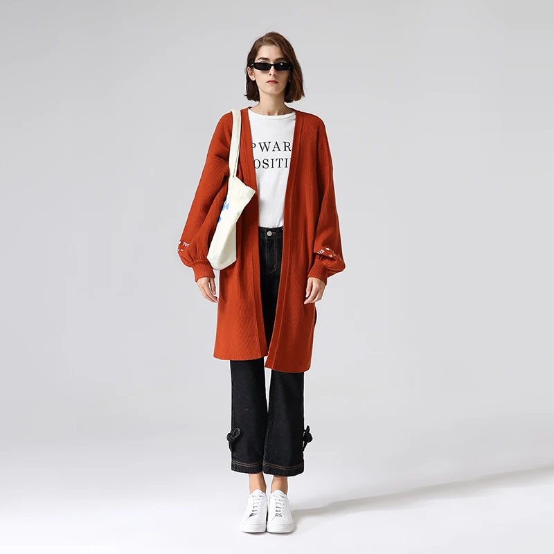 Toyouth ленивый стиль вышивка письмо кардиган фонарик, свитер с длинным рукавом кардиганы для женщин с v-образным вырезом Осенняя верхняя одежда вязаное пальто