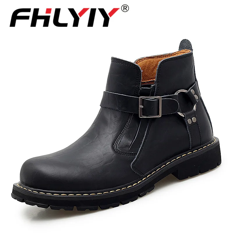 Fhlyiy/Брендовые мужские ботинки из натуральной кожи; сезон осень-зима; модная мотоциклетная обувь; мужские ботильоны из коровьей кожи; крутая обувь; размер 46 - Цвет: Black 1