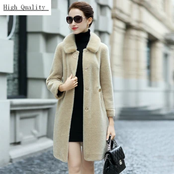 

Natural Wool Jacket Women Real Mink Fur Collar Overcoat Winter Sheep Shearing Coats Female Warm Spring Clothes LWL1387