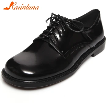 

KARINLUNA Brand Fashion Lady Casual Consise Genuine Leather Flats Square Toe Lace Up Retro Flats Women Spring Shoes Woman