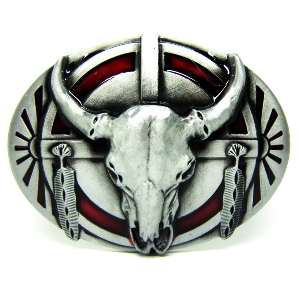 Longhorn Belt Buckle Vintage Western Metal Buffalo Indian Cowboy Men Silver