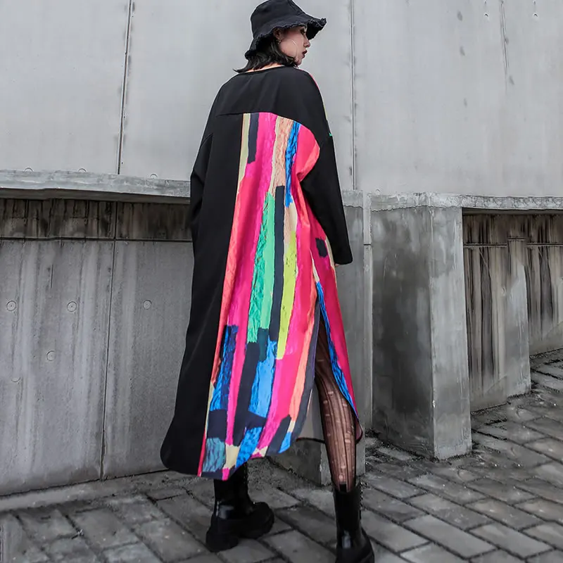 XITAO лоскутное платье миди с асимметричным принтом женская одежда модное корейское элегантное платье с карманом черное платье пуловер осень WQR1769