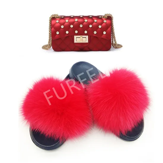 Shoe bag set29 Женские летние сандалии с мехом; модные туфли с квадратной цепочкой; женские шлепанцы с натуральным лисьим мехом; сумки через плечо - Цвет: Shoe bag set29