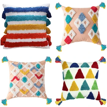 

Boho Rainbow Striped Decorative Cushion Cover Colorful Tufted Tassel Cute Kids Throw Pillow Case for Sofa Bedroom Sofa Couch