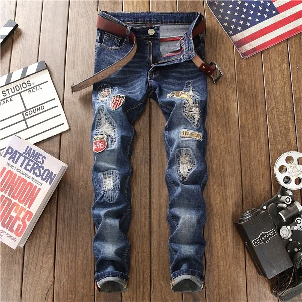 Male hole badge embroidery style denim trousers pants Fashion New Men's Casual Slim Patch Jeans Dropshipping - Цвет: 808