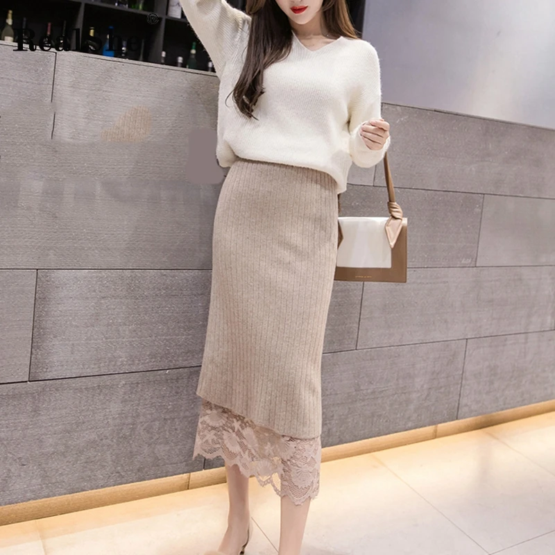 RealShe Women Skirt Long Solid Ruffles Lace Jupe Femme Spring Autumn Elegant Long Skirts Womens Knitted Pencil Skirt High Waist