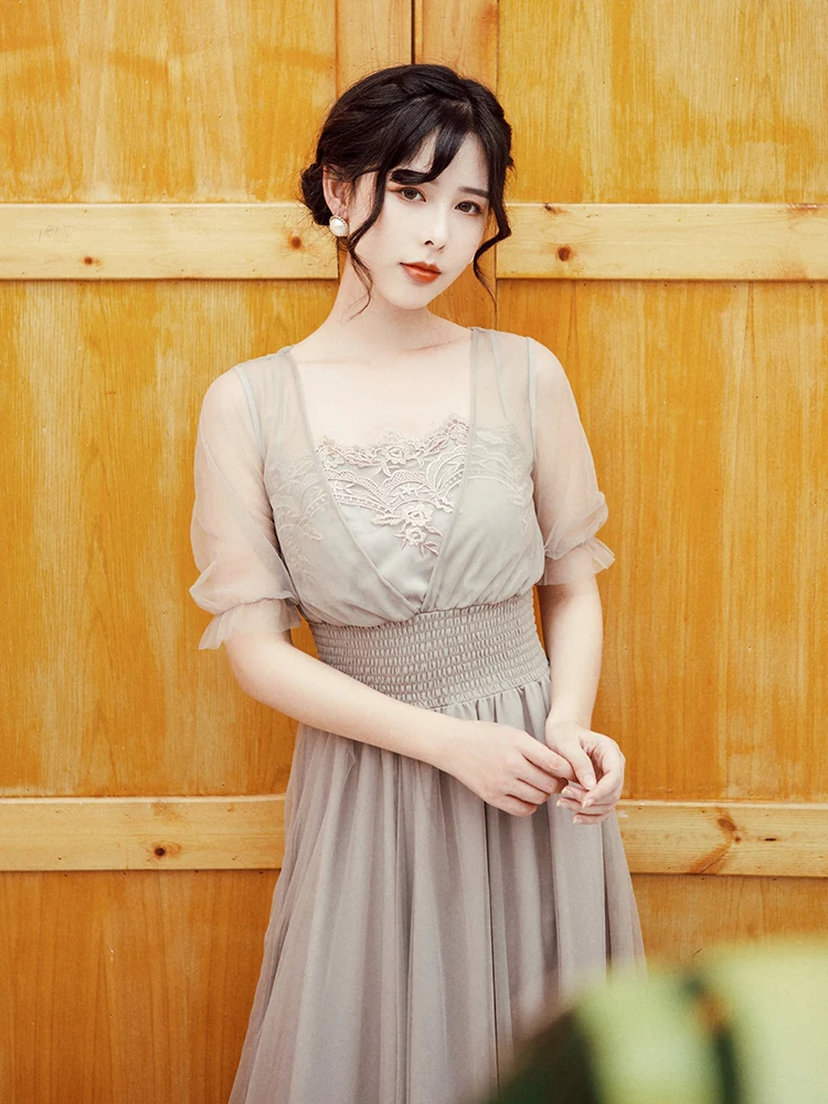YOSIMI V-Neck Short Sleeve Chiffon Long Women Dress Summer Vintage Maxi Empire Beige Lace Ladies Party Dress Ankle-length