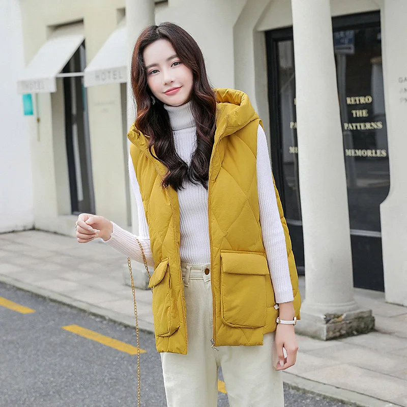 Ohryiyie большой размер свободный женский жилет осень зима женские куртки без рукавов пальто женская верхняя одежда с капюшоном Colete - Цвет: Цвет: желтый