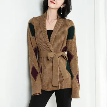 

2 colors 2019 spring and autumn v neck color patchwork v neck sweater womens knitted cardigans womens 0813-115