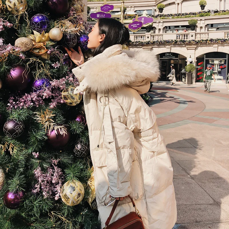 

Photo Shoot 2019 Winter New Style Korean-style Mid-length Large Fur Collar Hooded Women's Warm Off-white down Coat