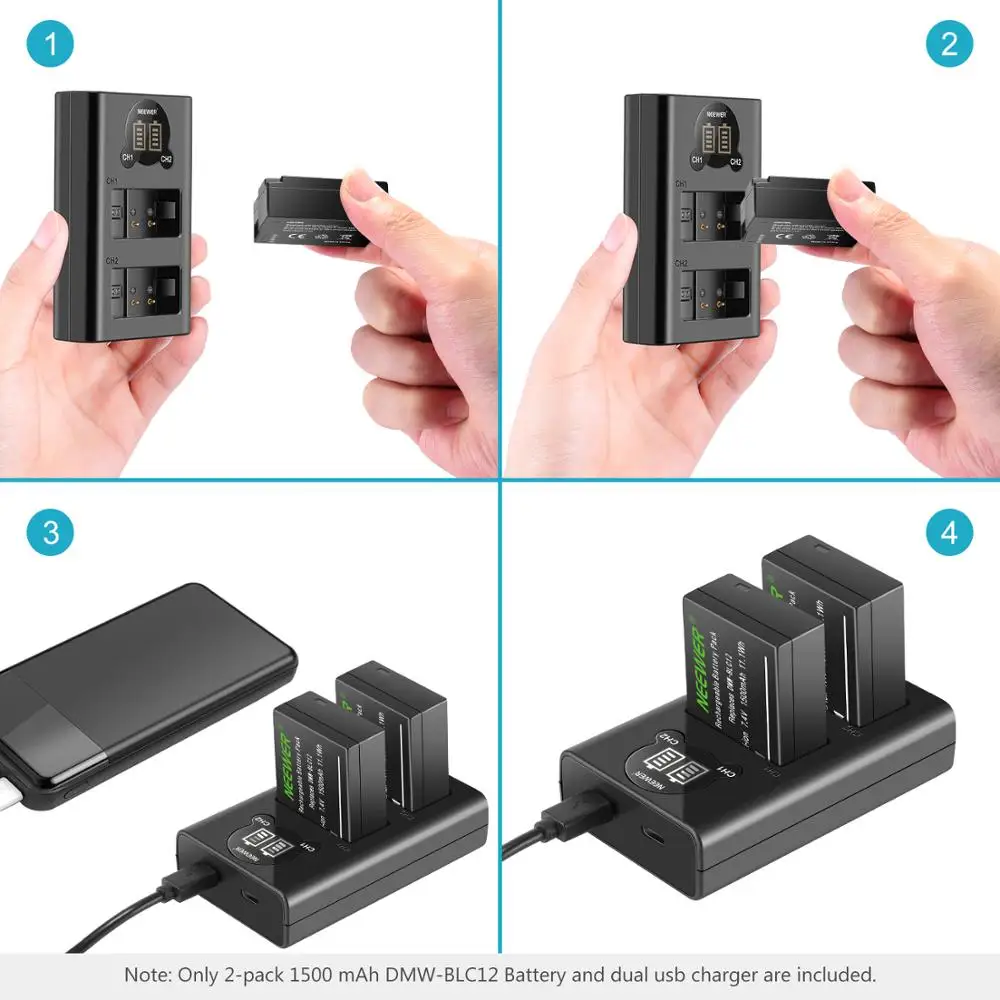 Neewer 2 Pack 1500mAh Replacement Panasonic DMW-BLC12 Battery and Dual USB Charger LCD Display For Panasonic Lumix DMC-FZ200