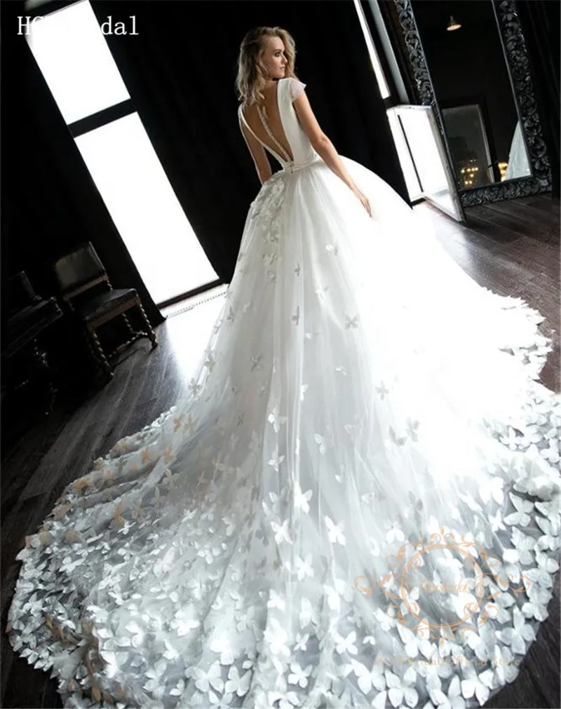 Дизайн, белые бабочки, свадебное платье, длинный шлейф, v-образный вырез, прозрачная спина, сексуальные свадебные платья невесты, Robe De Mariee