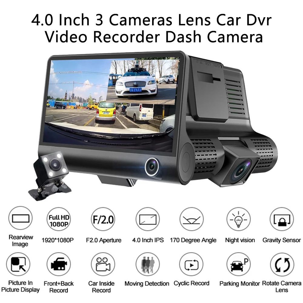 AMPrime 4 ''трёхполосный Автомобильный видеорегистратор FHD с тремя объективами, видеокамера 170, широкоугольный видеорегистратор, g-сенсор и видеокамера ночного видения
