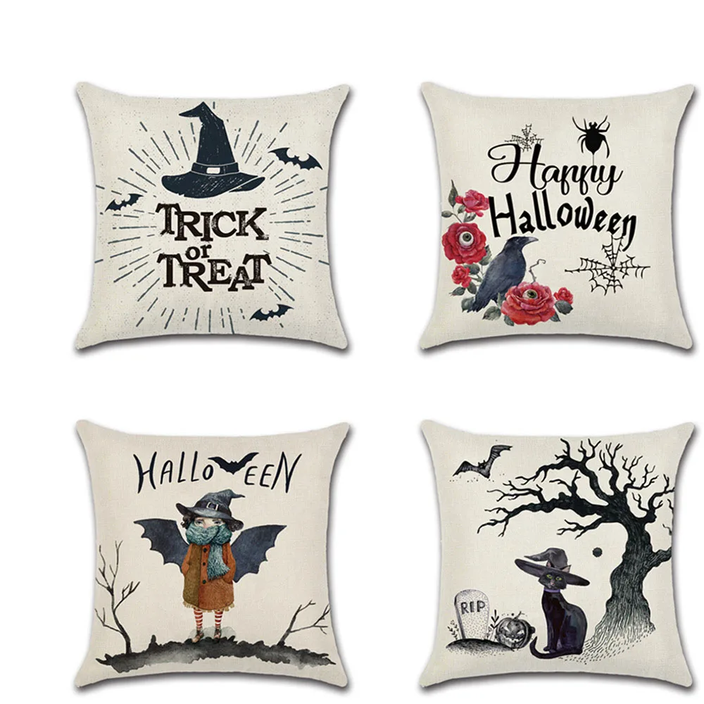 

New Cartoon Halloween Linen Cushion Cover Witch Decorative Pillowcase Crow Spider Cat 45*45cm Pillow Case