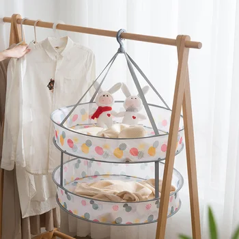 

Foldable Clothes Basket Double Printed Clothes Net Windproof Hook Steel Ring Design Oval Single Double Drying Rack Drying Holder