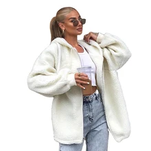 

Fanco 2020 Autumn and Winter Warm Lamb Wool Zipper Hooded Jacket Women New White Long Sleeve Oversized Casual Outfits Streetwear