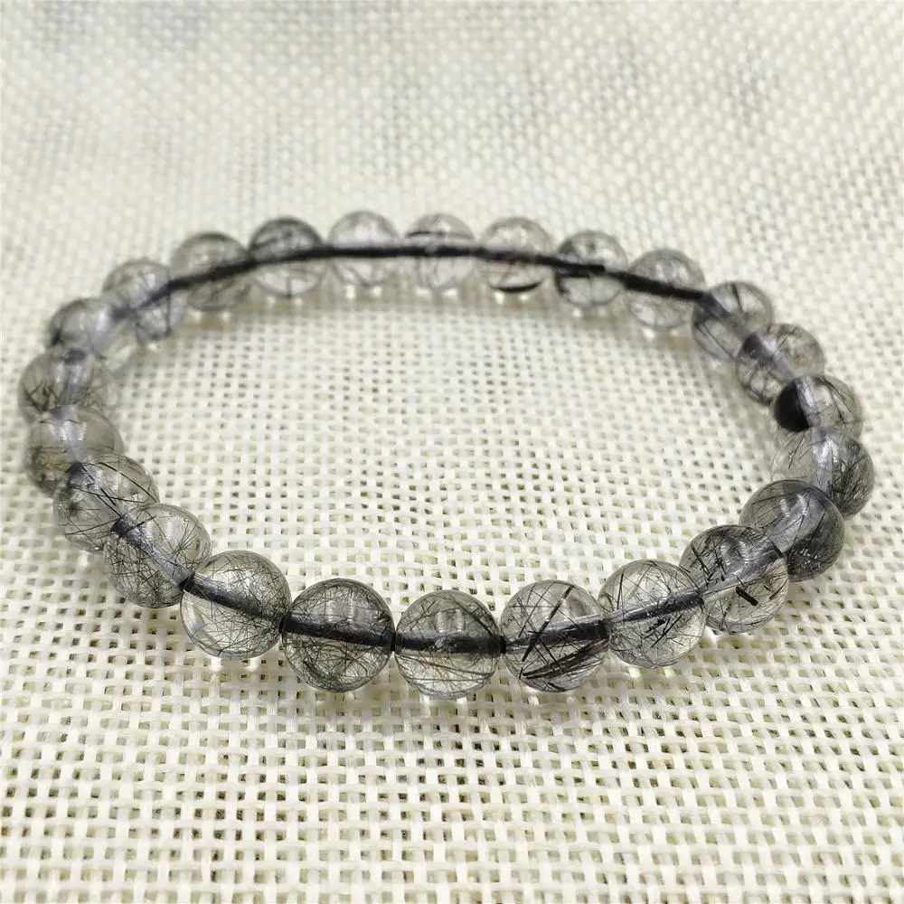 7.5mm Natural Black Rutilated Quartz Crystal Women Men Bracelet Round Beads Wealthy Stone From Brazil Reik Stone AAAAA