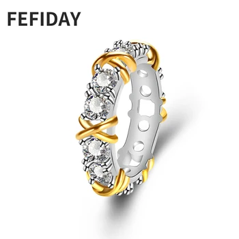 

FEFIDAY Wide Crystal Finger Engagement Gold Ring Crystal Band Ring Female Ladies Marriage Wedding Rings For Women With Stones