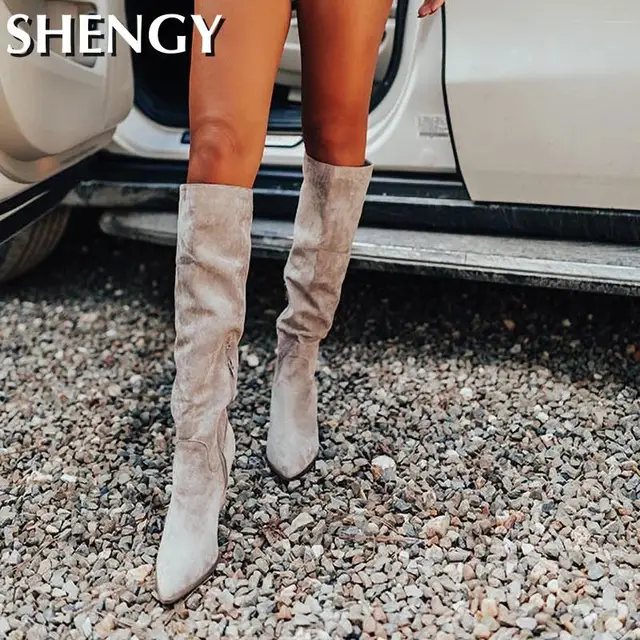 Botas por encima de la rodilla para mujer, zapatos sexys de Punta Alta, Aterciopelados, sin cordones, elegantes, para fiesta, Invierno