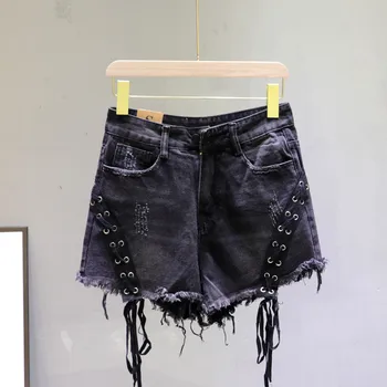 

2020 Summer New Products Tassels Lace-up Denim Shorts Women's High-waisted Slimming Jeans Shorts Cool Jeans Girls Hot Patns