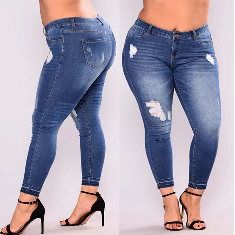 

Plus Size Torn Jeans for Woman Large Size Skinny pants Stretch Ripped jeans Big Size Hole Distressed Denim Pencil Trouser
