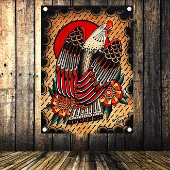 

Old school Retro Tattoo Poster High Quality Four-hole Flag Cloth Banner Canvas Painting Tapestry Bar Cafe Living Room Home Decor