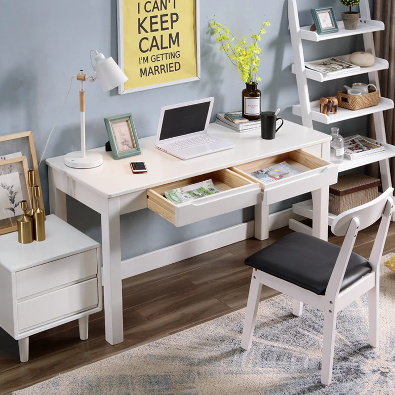 White Solid Wood Computer Table Simple Modern Desk Home Student