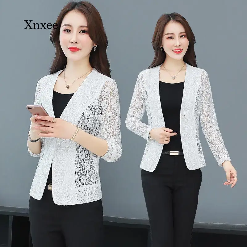 PROD 4001166034455 Lace Jacket Elegant Plus Size Women Blazer Black
White Long Sleeve Hollow Out All Match Female Jacket Lace Patchwork
Office Lady