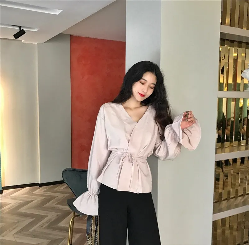 

Women Nice Tide Spring Fall Sashes Plus Size Shirt Solid Flare Long Sleeve Blouse Flare Sleeve Elegant V-Neck Office Top