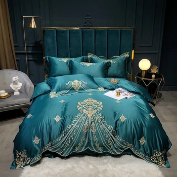 

Luxury 100S Satin Tencel Silk Soft Breathable Embroidery Bedding Set Duvet Cover Bed Linen Fitted Sheet Pillowcases For Summer