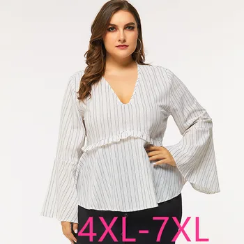 

Spring autumn plus size tops for women large blouse long pagoda sleeve loose casual stripe V neck shirt white 4XL 5XL 6XL 7XL