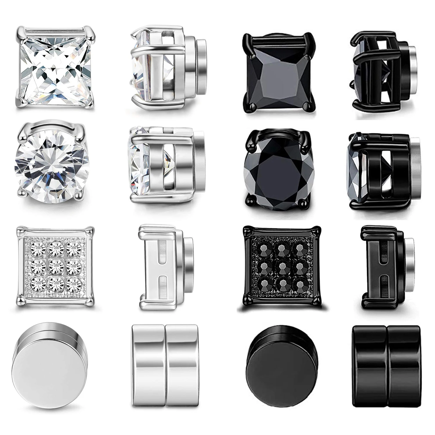FIBO STEEL 3-4 Pairs Stainless Steel Magnetic Earrings for Men Women CZ Studs Earrings,6-8MM 