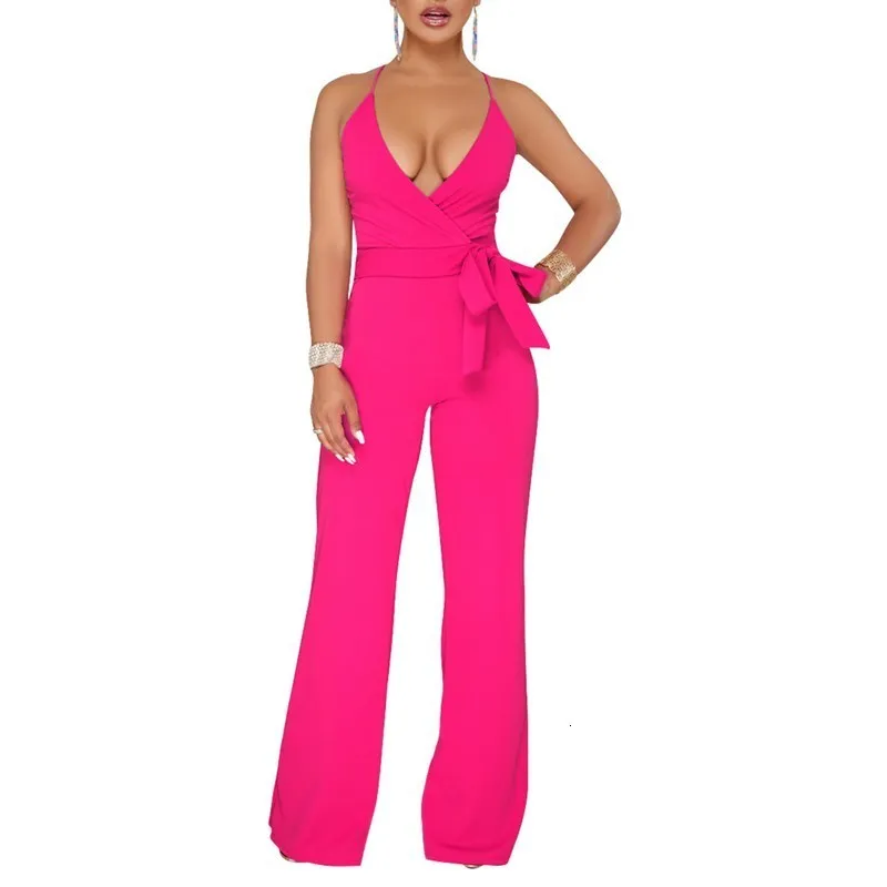 Women Spaghetti Strap Solid Jumpsuit Bow Sleeveless Wide Leg Playsuit Lace Up Backless Overalls