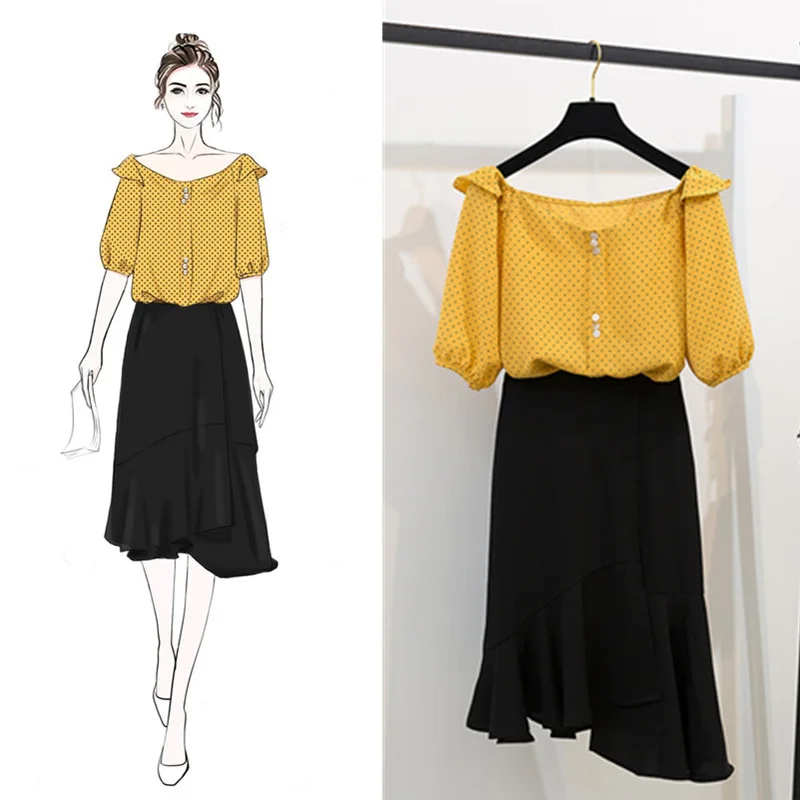 

2019 New Style Summer Online Celebrity V-neck Polka Dot Tops Shirt Fishtail Flounced Skirt Two-Piece Set