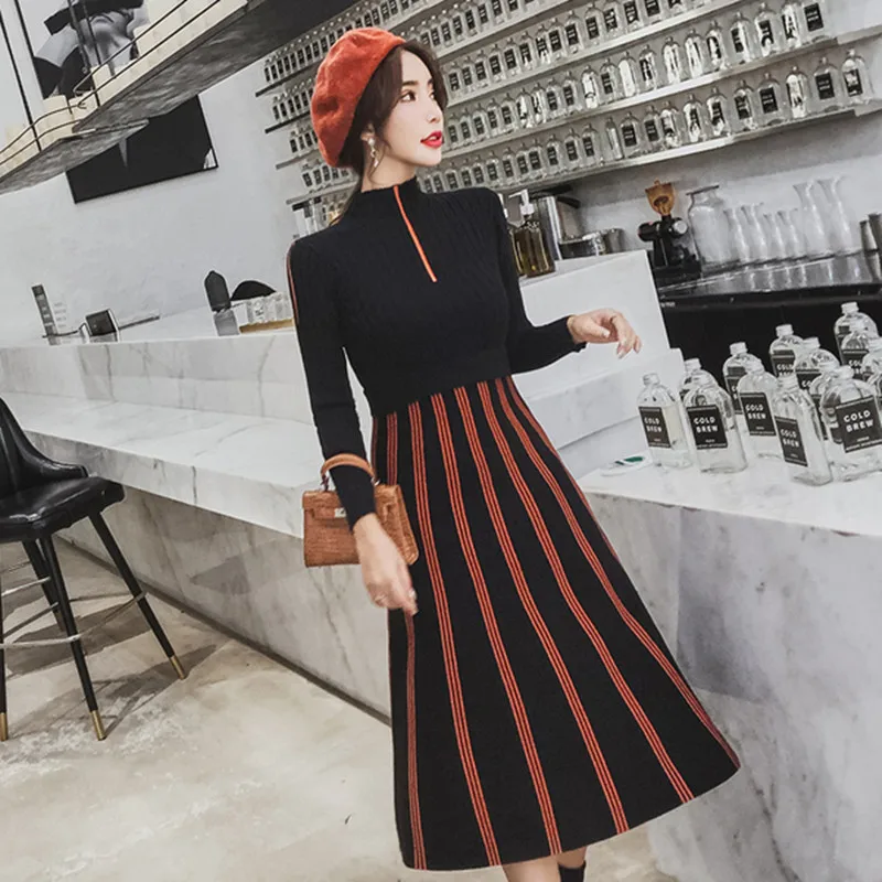 

Autumn and winter New Knit Knee-length Dress Ladies Temperament Stripes Color matching Fake two Turtleneck Sweaters Dress