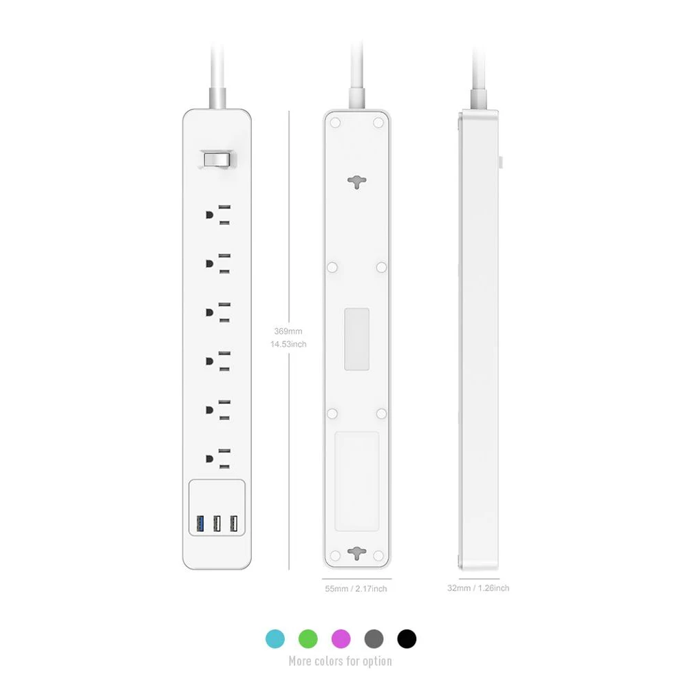 USB Мощность полосы Стабилизатор напряжения 3/4/5/6 AC розетки США Plug с 3 портами(стандарт QC3.0 быстро/быстрое/Быстрый Зарядное устройство с 1,5 м кабель-удлинитель