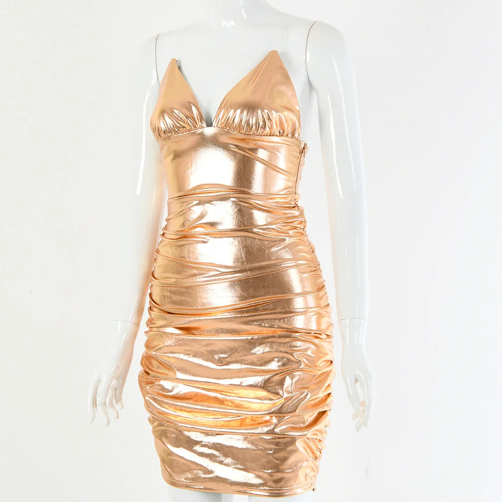 Sexy Spaghetti Strap V Neck Backless Women Party Dress Reflective Pleated Female Clubwear Mini Bodycon Dresses