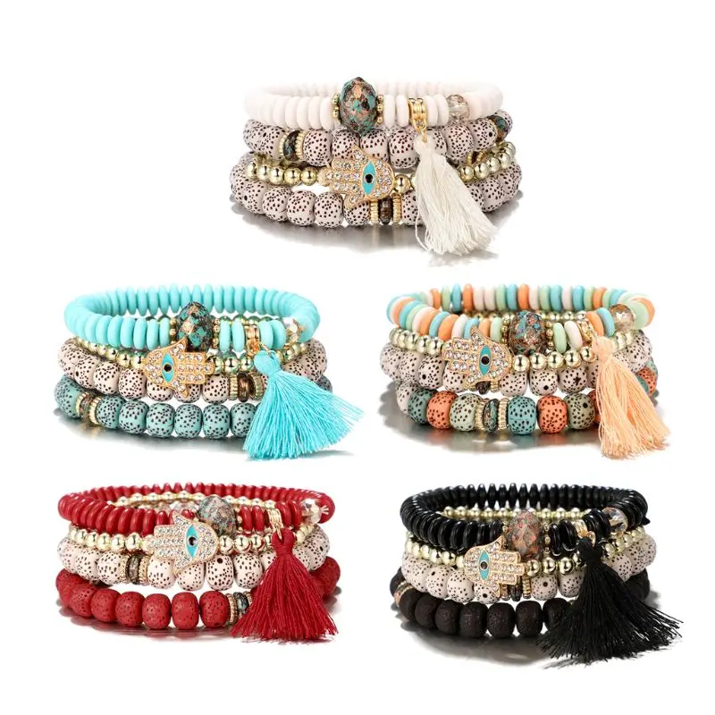 

Set Of 4 Evil Eye Fatima Hamsa Hand Wood Beads Bangle Bracelets Lucky Jewelry