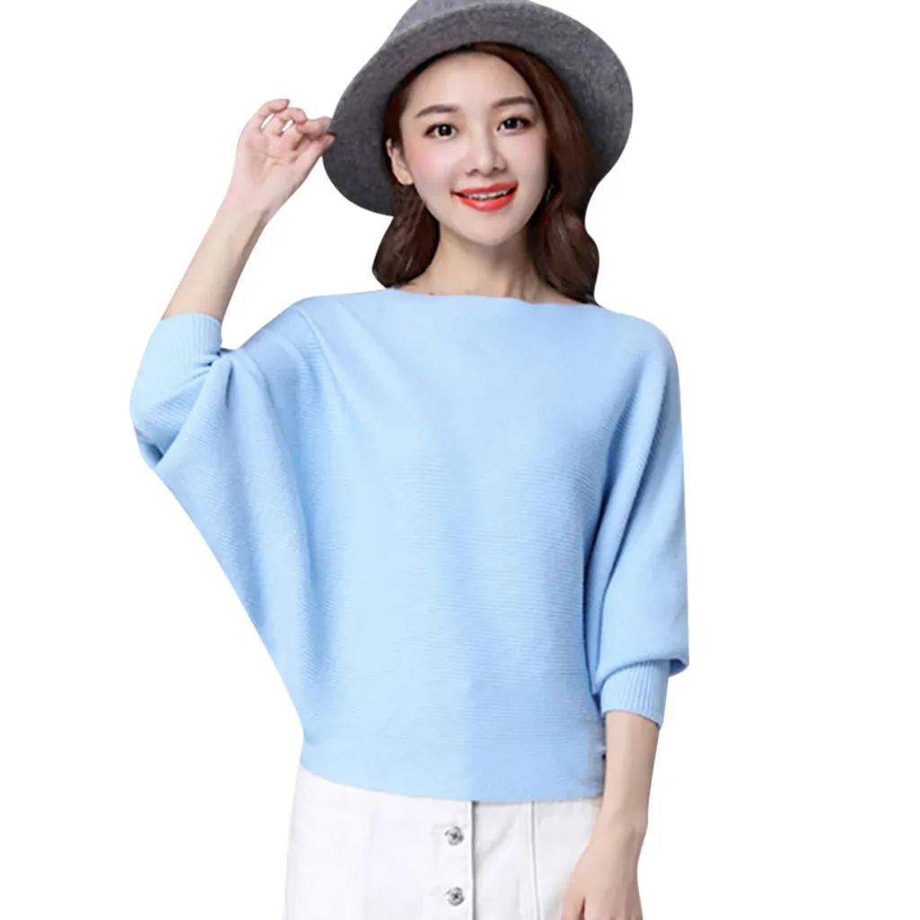 Light blue Зимний женский свитер с рукавом летучая мышь и круглым вырезом, Вязаные Короткие топы - Цвет: Light blue