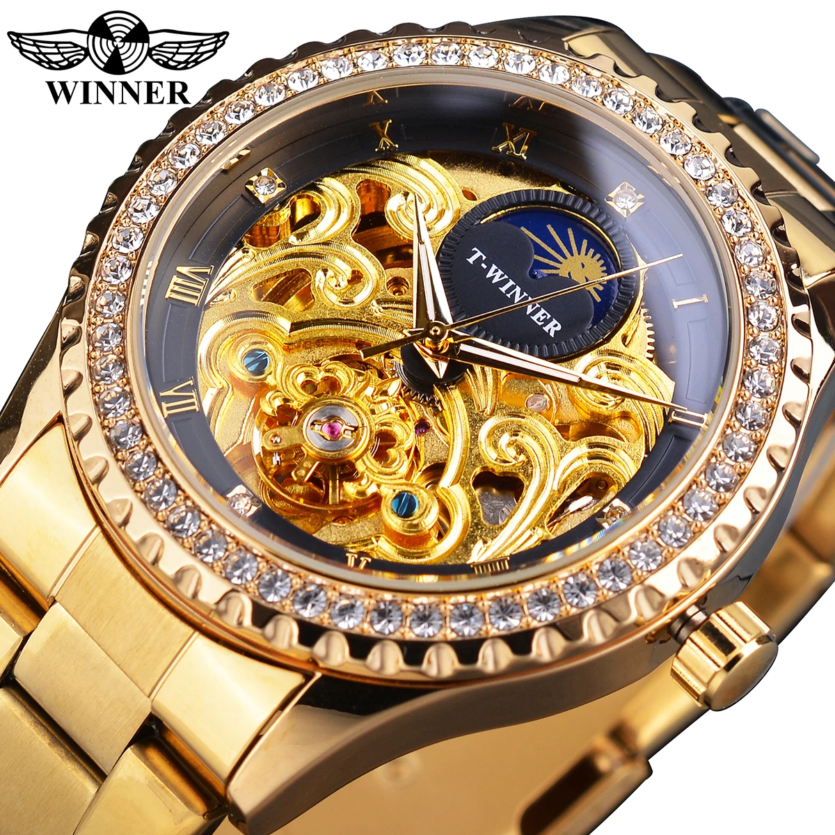 Winner Skeleton Mechanical Watch Men Luxury Diamond Wristwatch Transparent Back Case Golden Stainless Steel Band Male Clock