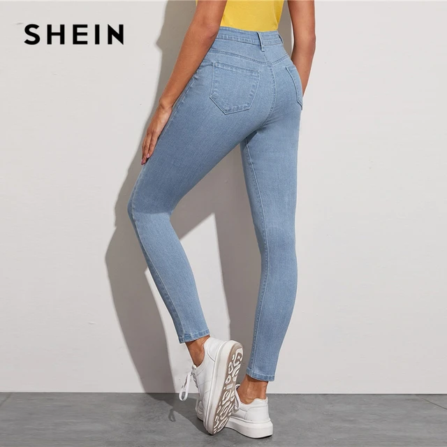 SHEIN Blue Solid Light Wash Five-Pocket Stretchy Cropped Casual Jeans Women Bottoms Spring Button Fly Skinny Denim Trousers Jeans Women's Women's Clothing