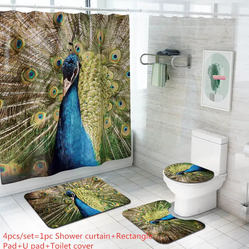 4pcs Peacock С животным принтом Водонепроницаемый душ Шторы нескользящий; для пола ковра для Ванная комната набор туалетных принадлежностей для ног коврик для ванной настенный Декор качество коврик - Цвет: 4pcs Peacock