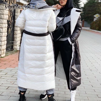 

TWOTWINSTYLE Patchwork PU Leather Women's Cotton Coats Lapel Collar Long Sleeve Hit Color Lace Up Parkas Female 2020 Fashion New