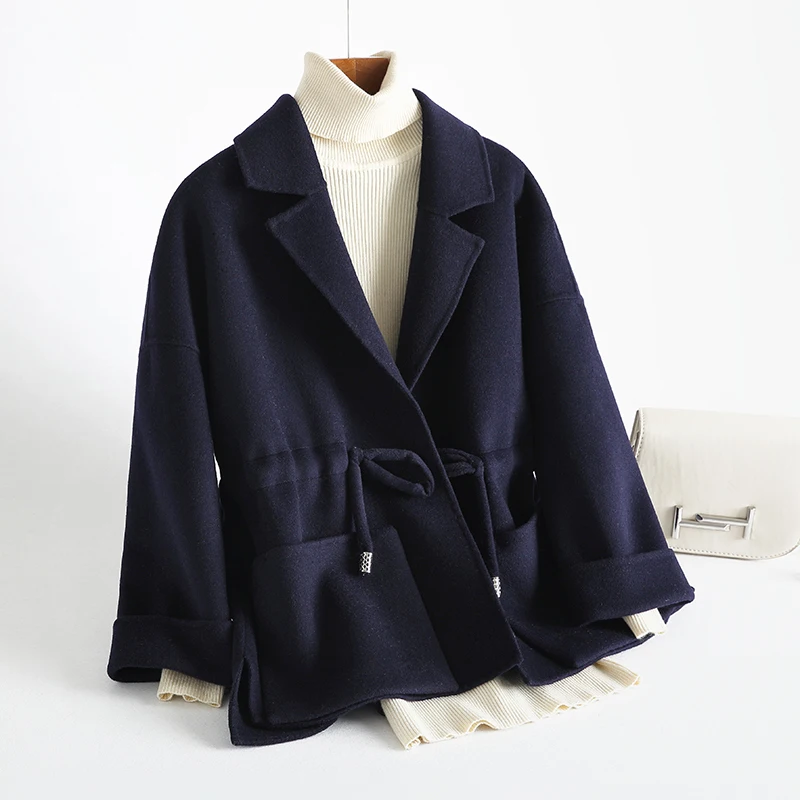 

MLCRIYG 2020 Spring Casual Wool Coat Women Short Drawstring Double-sided Cashmere Coats and Jackets Autumn Winter Overcoat YQ278