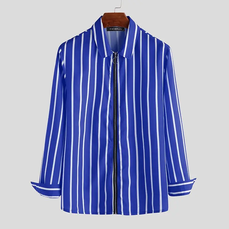 INCERUN Fashion Men Striped Long Sleeve Lapel Casual Shirt Vintage Zipper Mens Blouse Joker Social Slim Fitness Streetwear 3XL