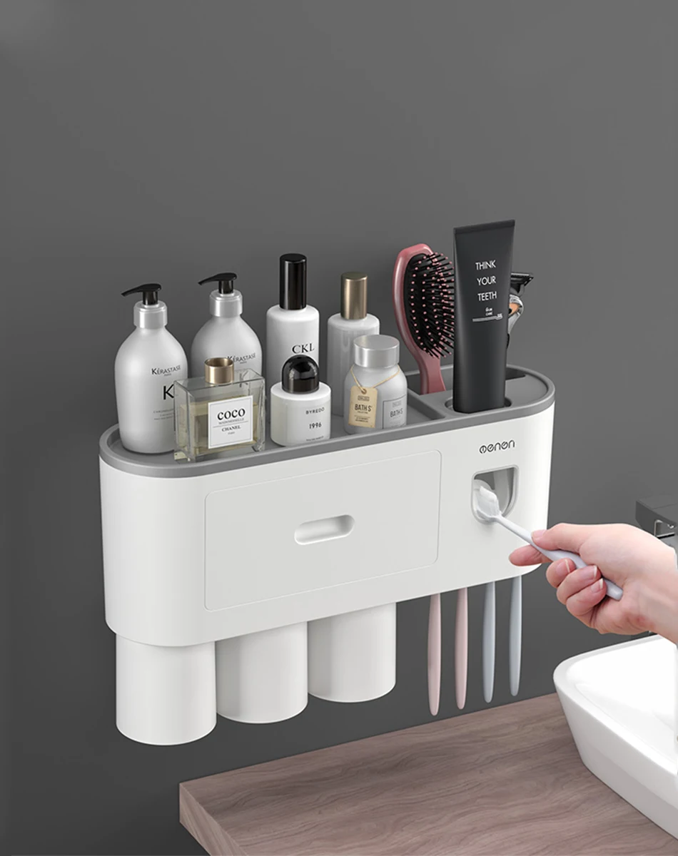 

Multifunctional Wall-Mounted Toothbrush Holder, Automatic Toothpaste Dispenser Space Saving Toothbrush Organizer with Dustproof
