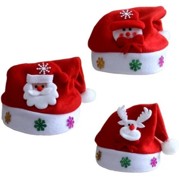 

Non Woven Kids Christmas Hat with Led Light Cartoon Applique Santa Deer Snow Pattern Hats Christmas Holiday Supplies