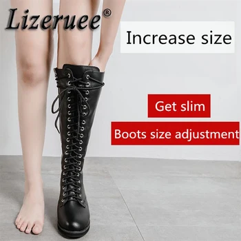 

Oversize 45 Thigh High Boots Black Slim Sexy Steampunk Leather Locomotive Ladies Boots Women Boots Knee High Fashion Flat Shoes