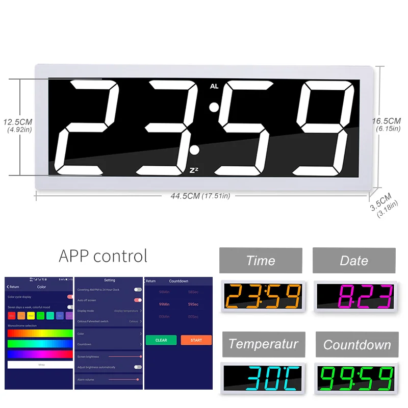 Digital Wall Clock APP Control Alarm Clock Time Date/ Temperature Sound Activate Countdown Stepless Brightness Alarm with Snooze 6