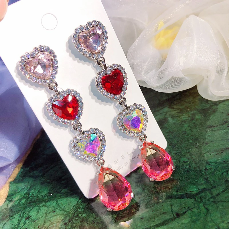 Women colorful crystal heart earrings retro elegant female earrings fashion and shiny jewelry